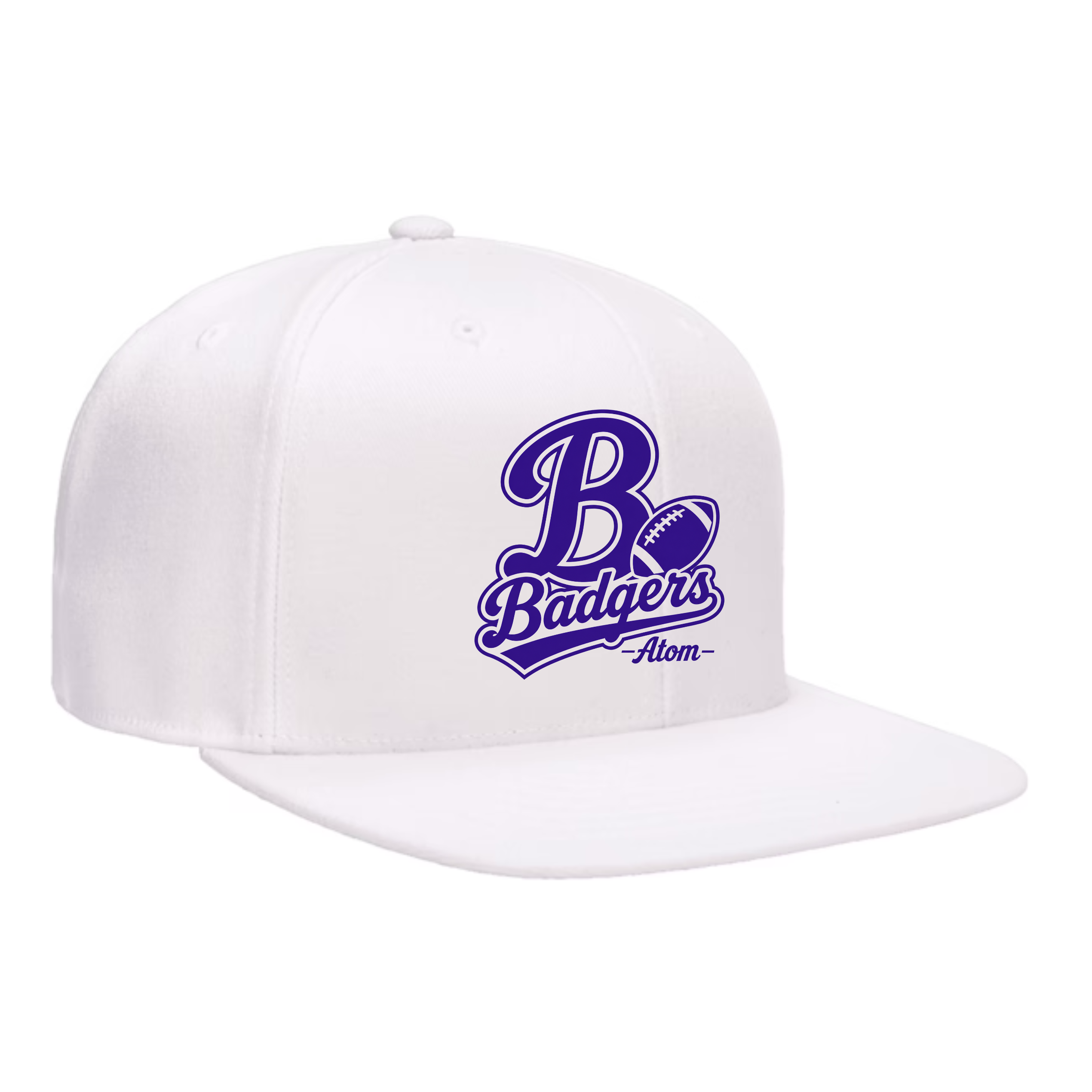 A white flat-brim snapback cap featuring a purple embroidered 'Badgers' logo on the front, set against a plain white background.