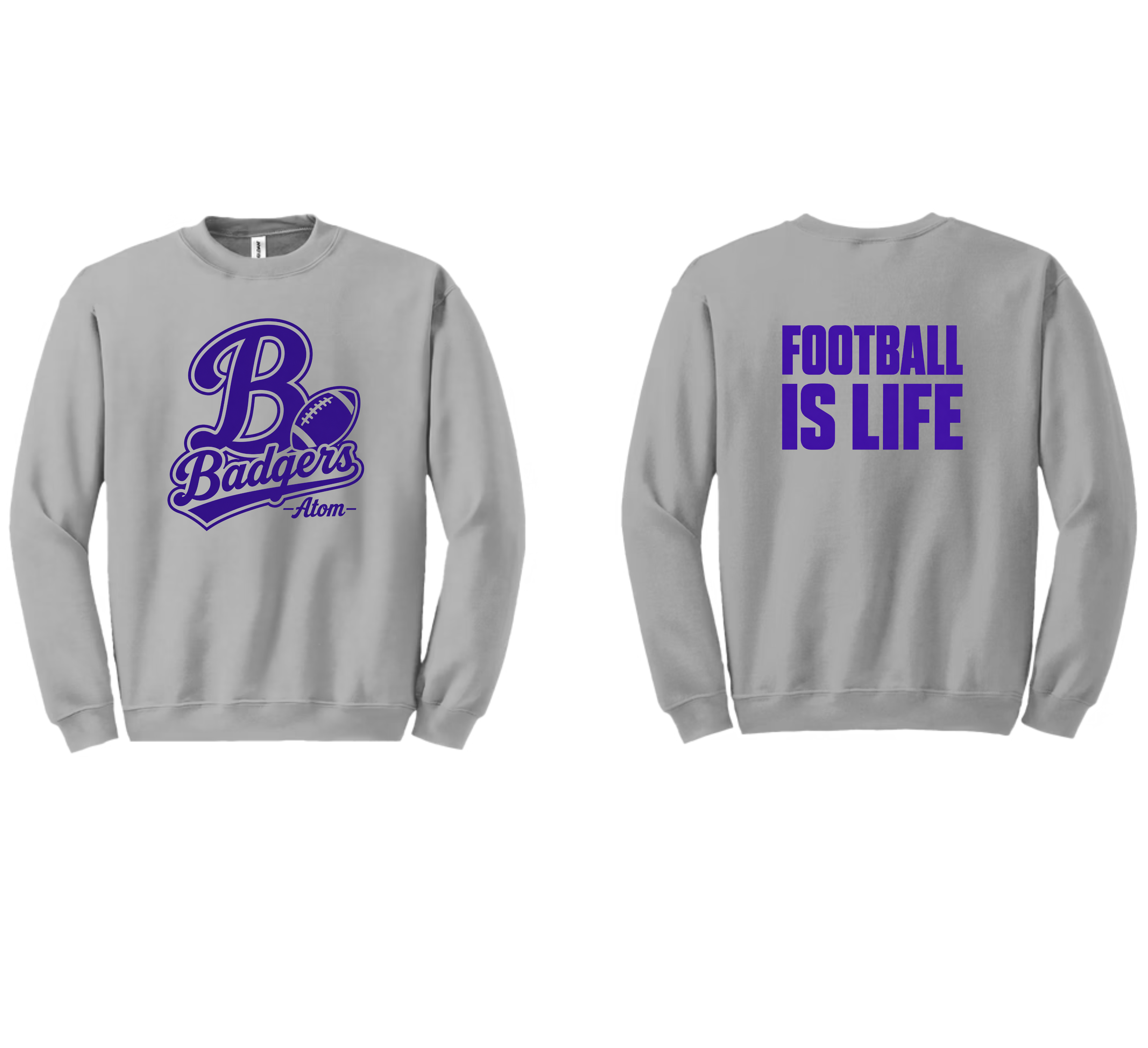 A light gray crewneck sweatshirt shown from both the front and back. The front features a purple graphic with a large stylized 'B' and the words 'Badgers Nation'.