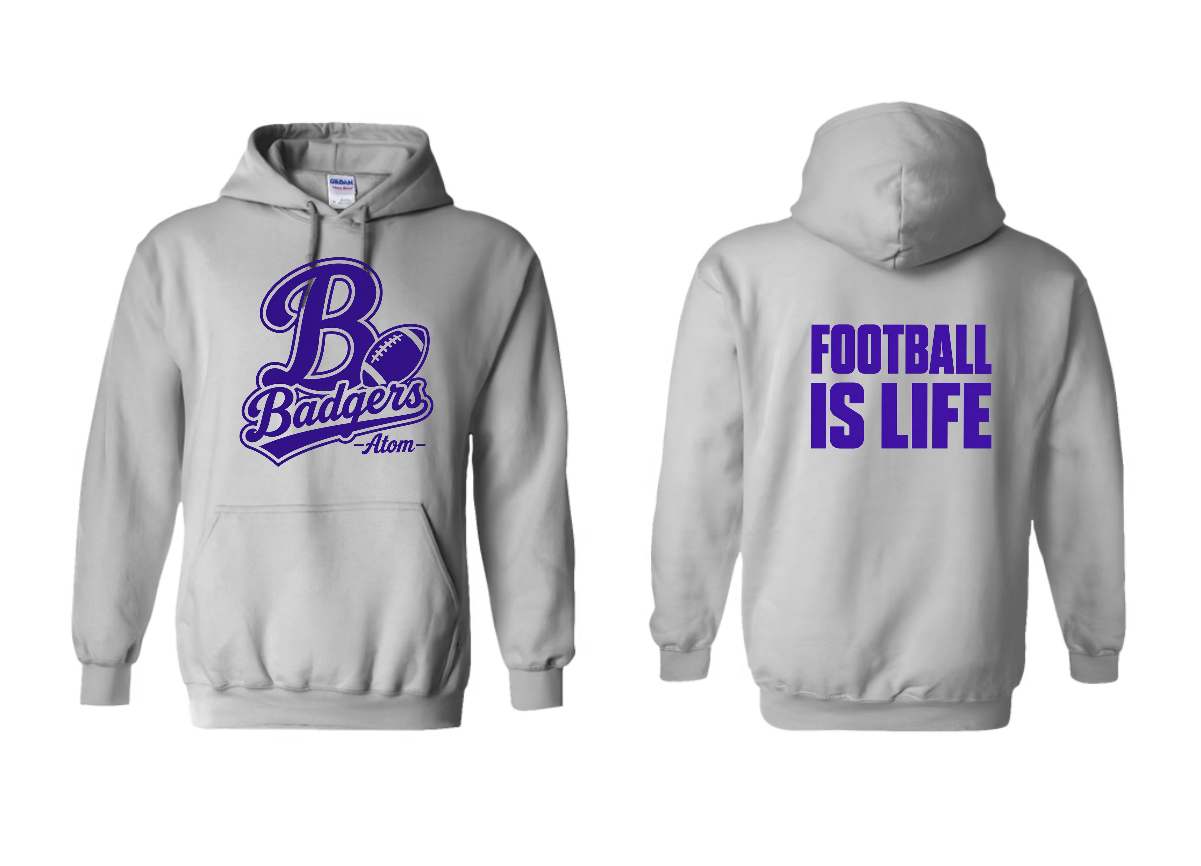 A light gray pullover hoodie shown from both front and back. The front features a purple and blue 'Badgers Alumni' graphic on the chest, and the back displays the phrase 'FOOTBALL IS LIFE' in bold purple text.