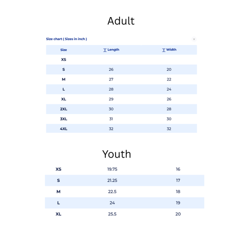 A size chart table showing measurements for Adult and Youth sizes in inches, with columns for Size, Length, and Width on a white background.