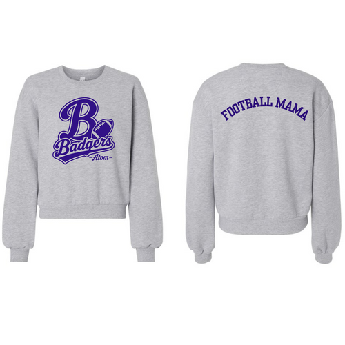A light heather gray crewneck sweatshirt shown from both front and back. The front features a purple graphic with a large 'B' and the words 'Badgers Alum'.