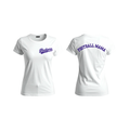 White short-sleeve crewneck t-shirt shown from both front and back. The front features a purple script 'Badgers' logo on the left chest, and the back features 'FOOTBALL MAMA' printed in purple arched block letters across the upper back.