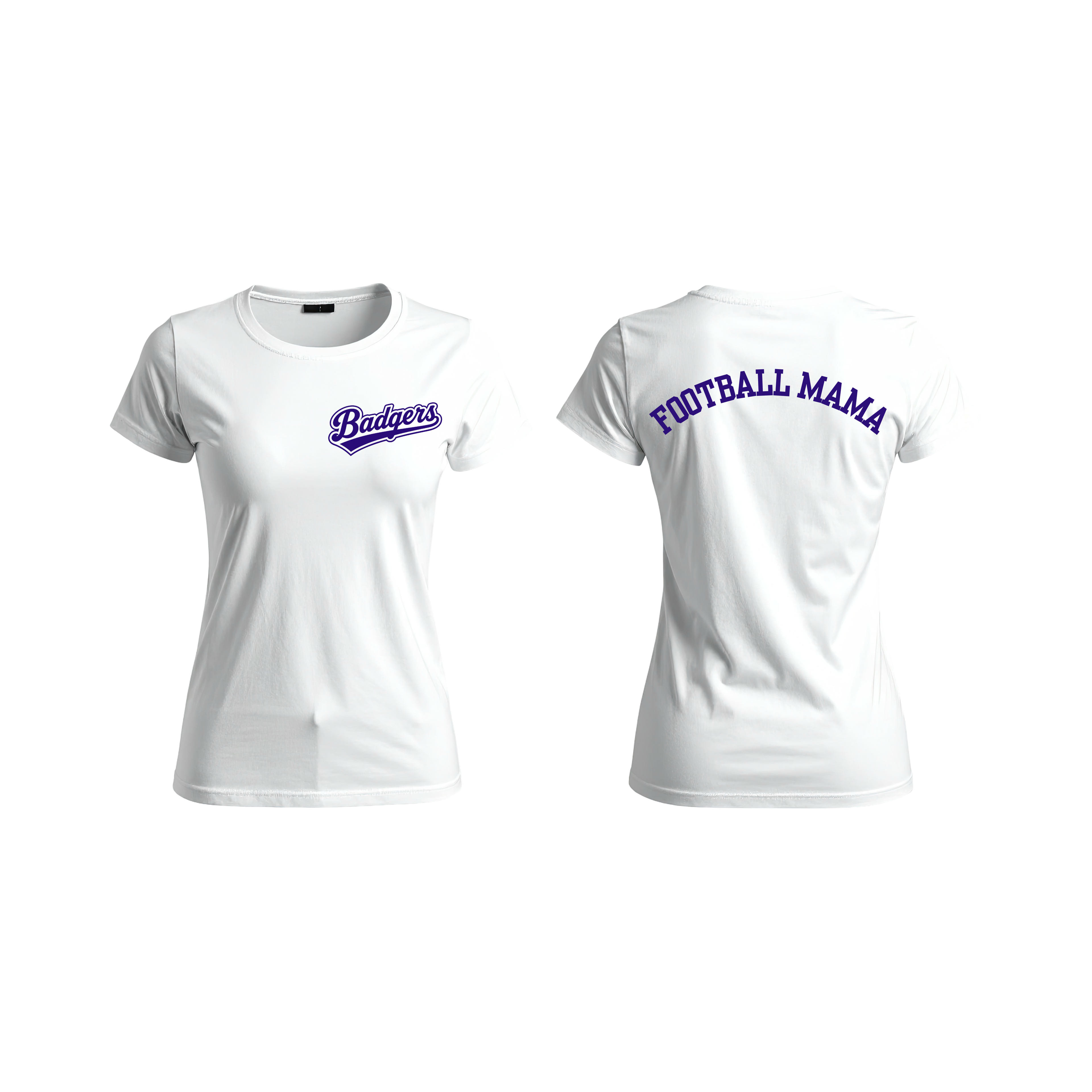 White short-sleeve crewneck t-shirt shown from both front and back. The front features a purple script 'Badgers' logo on the left chest, and the back features 'FOOTBALL MAMA' printed in purple arched block letters across the upper back.