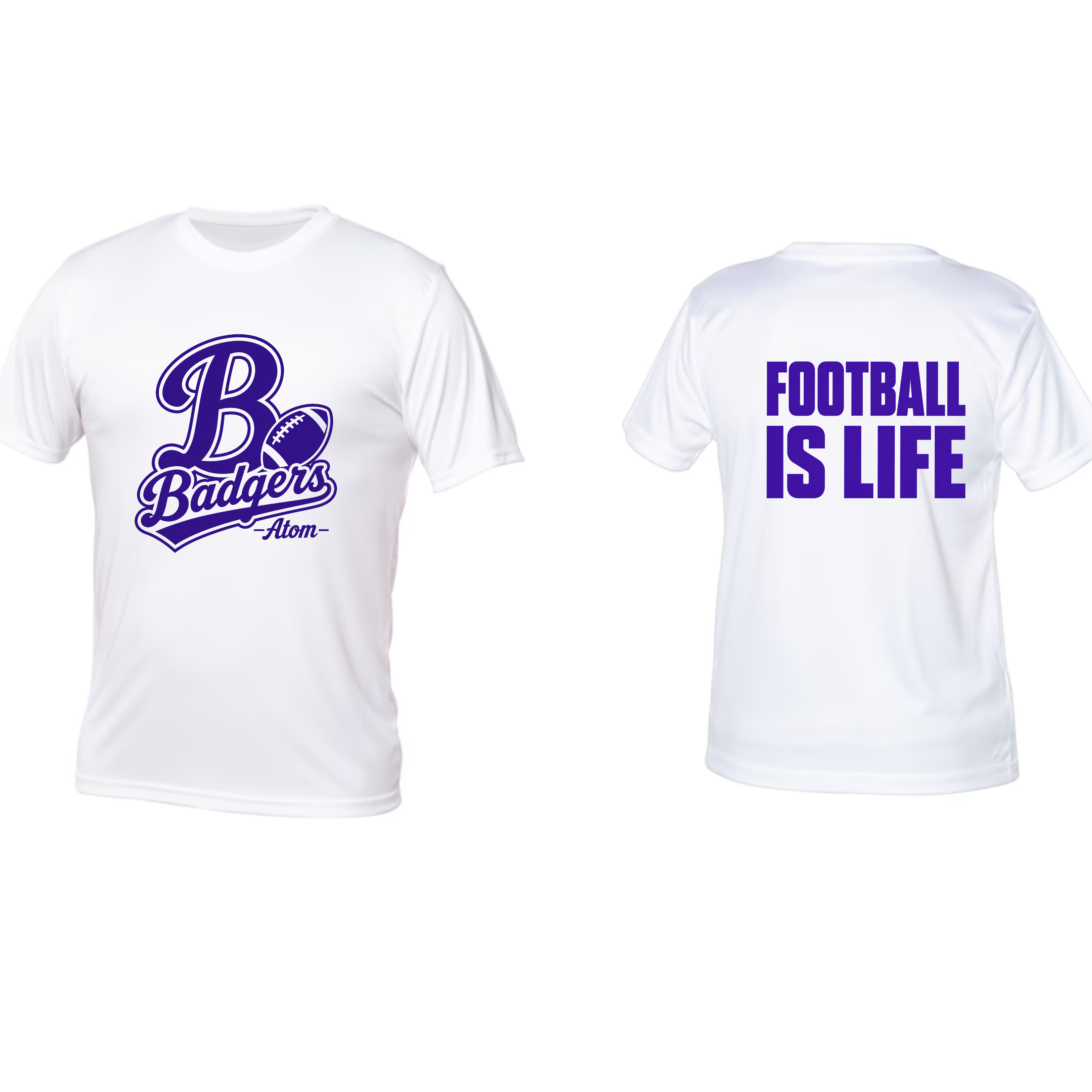 White short-sleeve t-shirt shown from the front and back. The front features a purple 'Badgers' graphic with a football and the name 'Aaron' in script.
