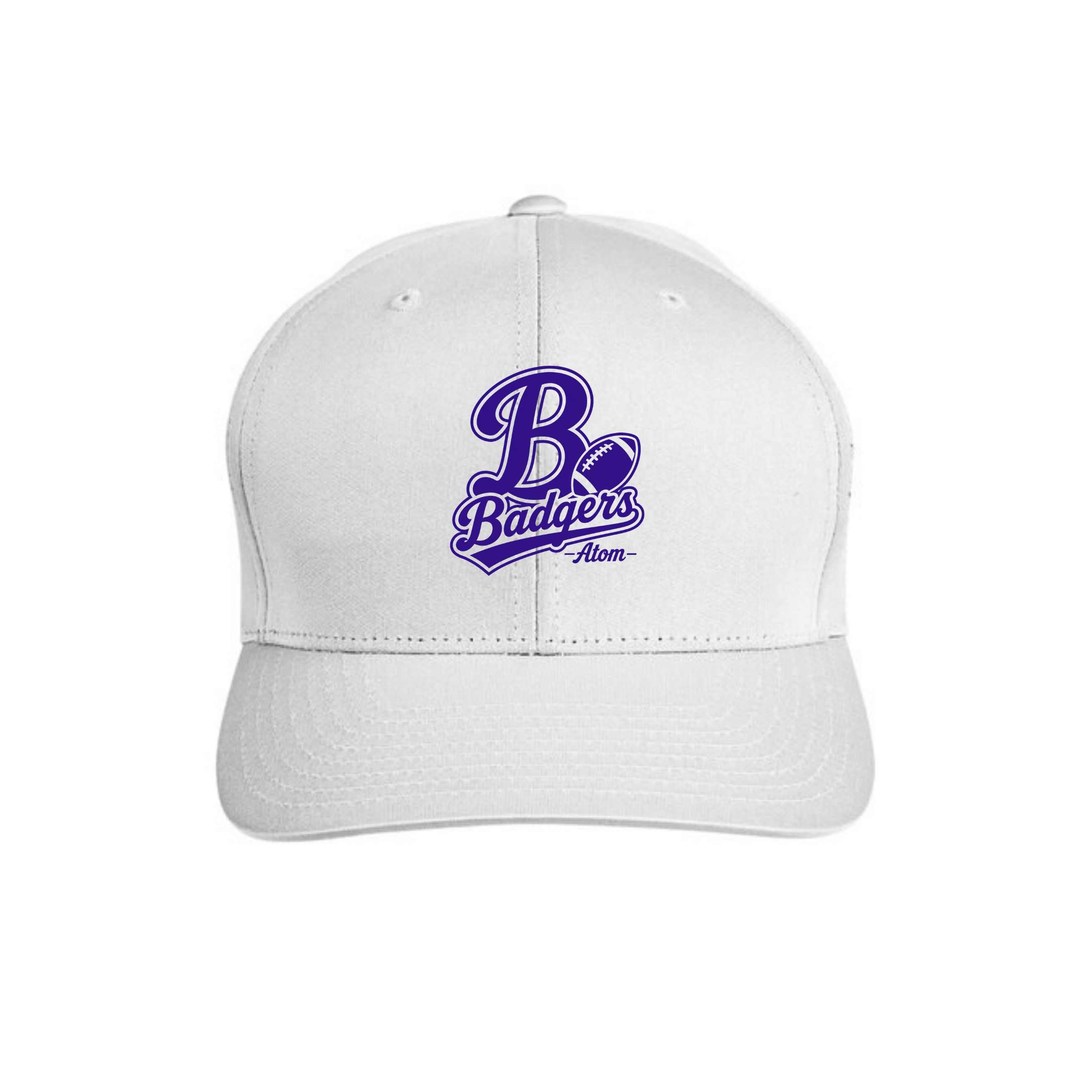 A white baseball cap with a purple embroidered logo on the front that reads 'Badgers' with a bear graphic, shown against a plain white background.